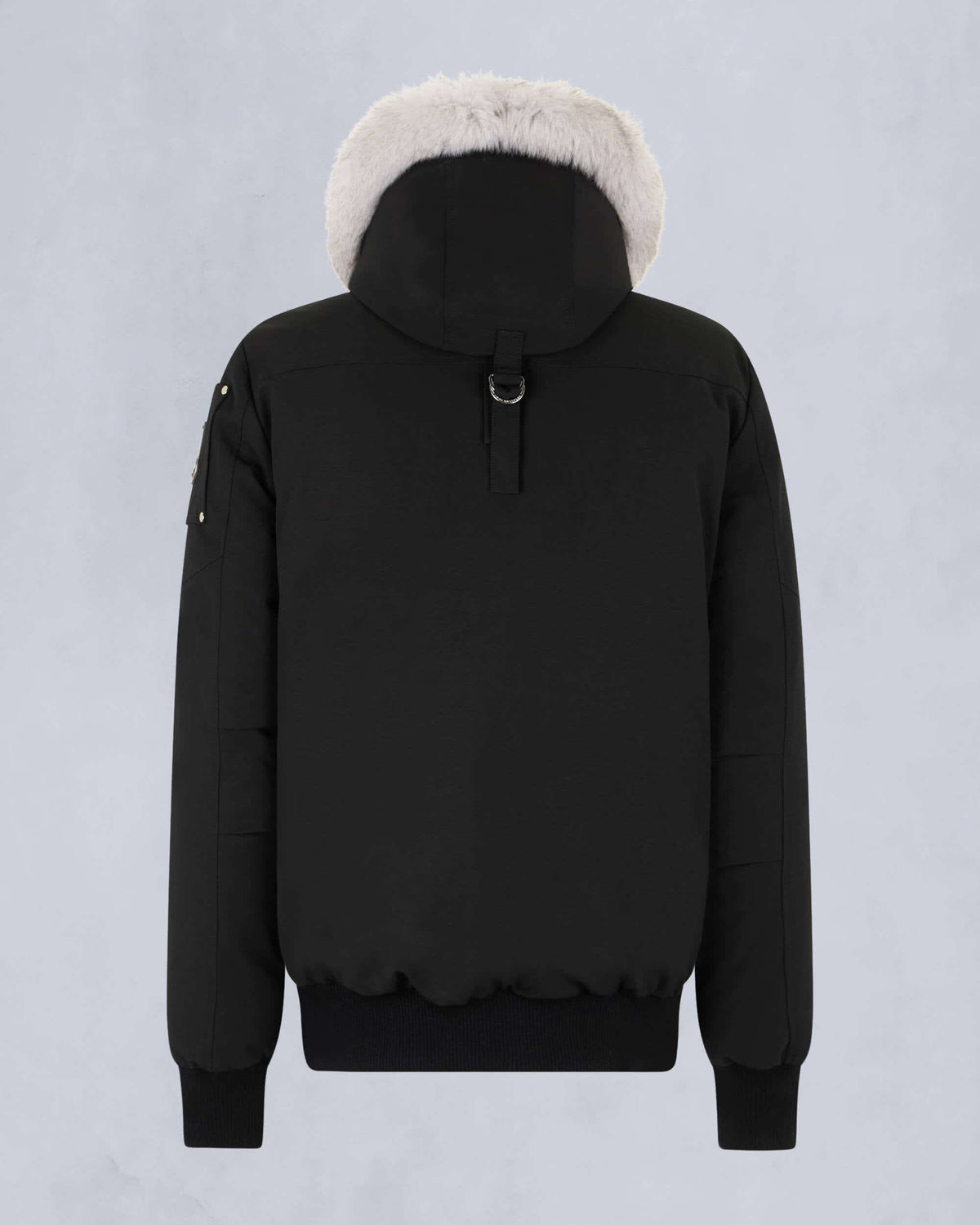 Moose Knuckles Black Bomber Jacket White Fox Fur Hood Silver Hardware