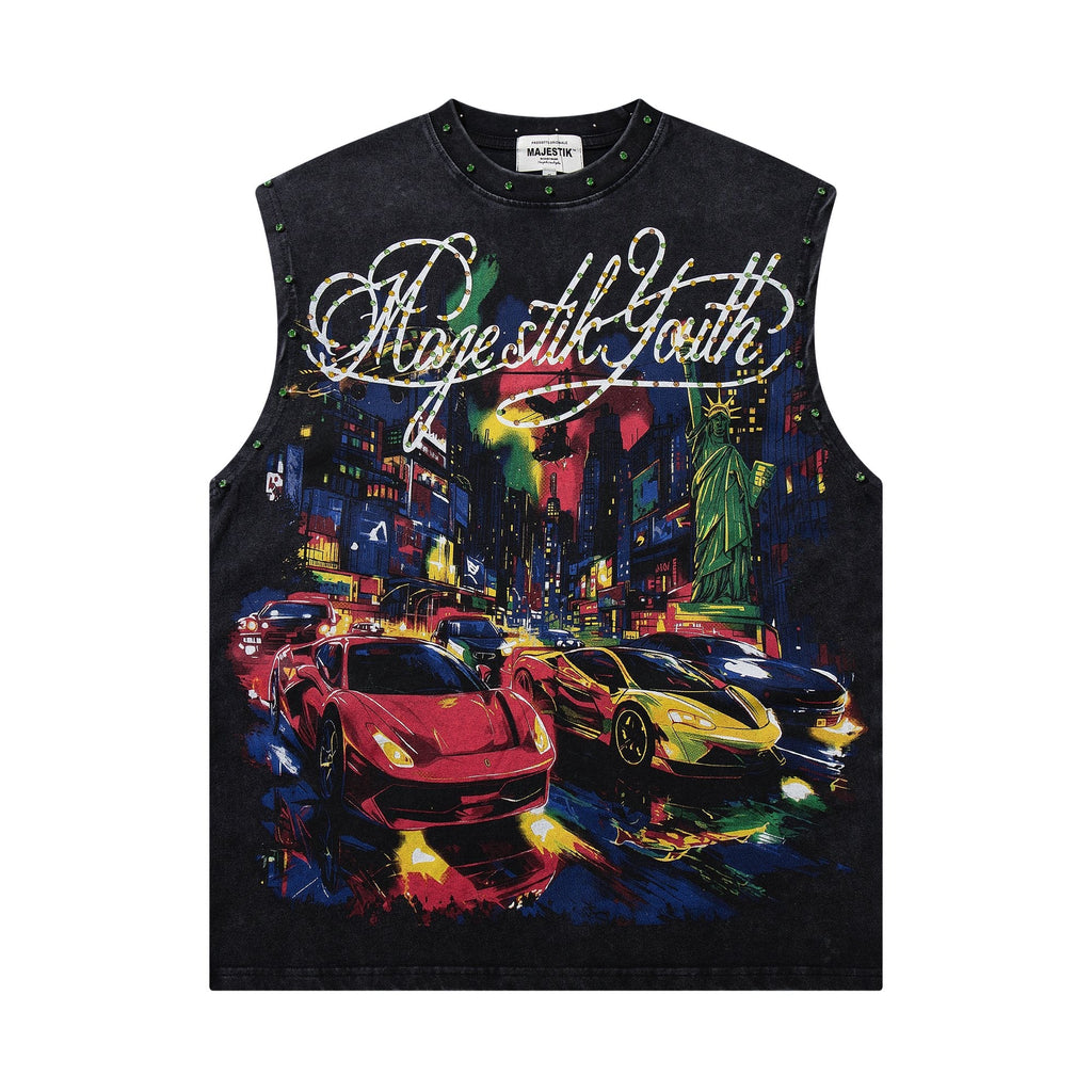 MAJESTIK Rhinestone Graphic Sleeveless T-Shirt