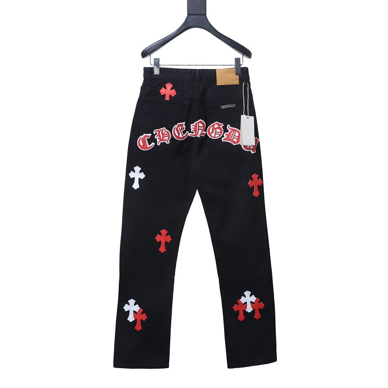 Chrome Hearts White/Red Cross Patch Jeans