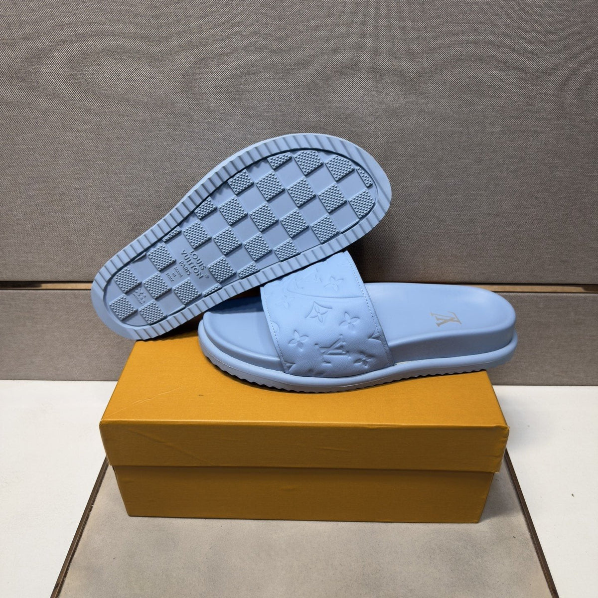 Louis Vuitton Men's Embossed Strap Slide Sandals - Textured Tread Outsole